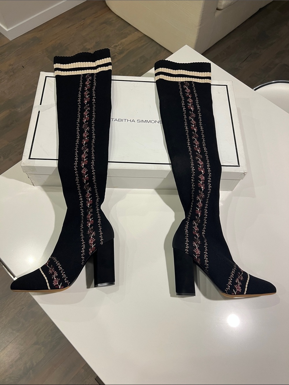 Tabitha Simmons irina long over the knee heeled floral black sock boots size 41